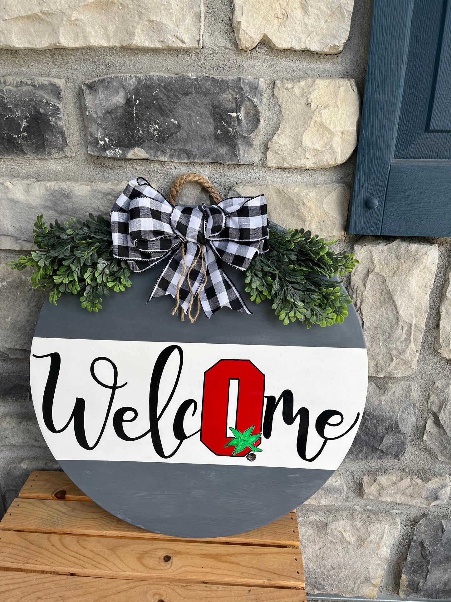 Welcome block O Football gray door hanger sign