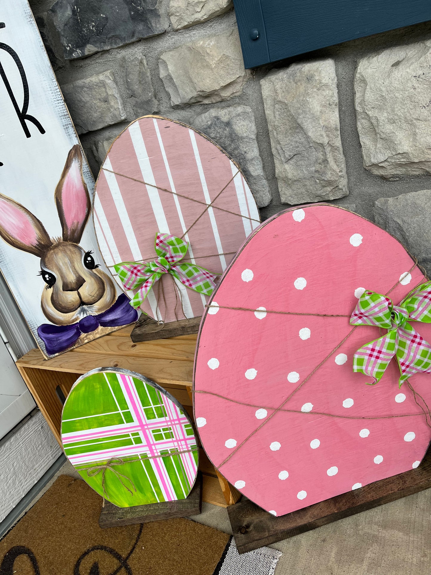 Large pink spring wood Easter Egg buffalo check set, Rustic spring decor, Large Wood art, pallet eggs, porch holiday , Photo Prop, Easter, Shabby Chic