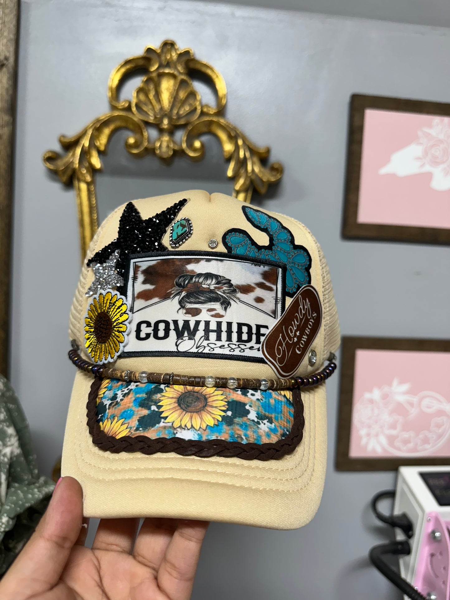 Cowhide Obsessed Messy Bun Hat patch