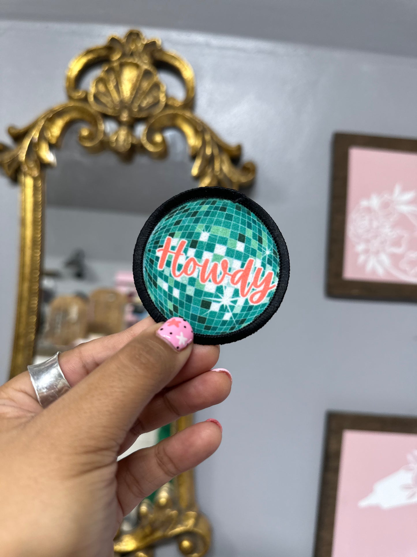 Disco Ball Howdy turquoise round patch