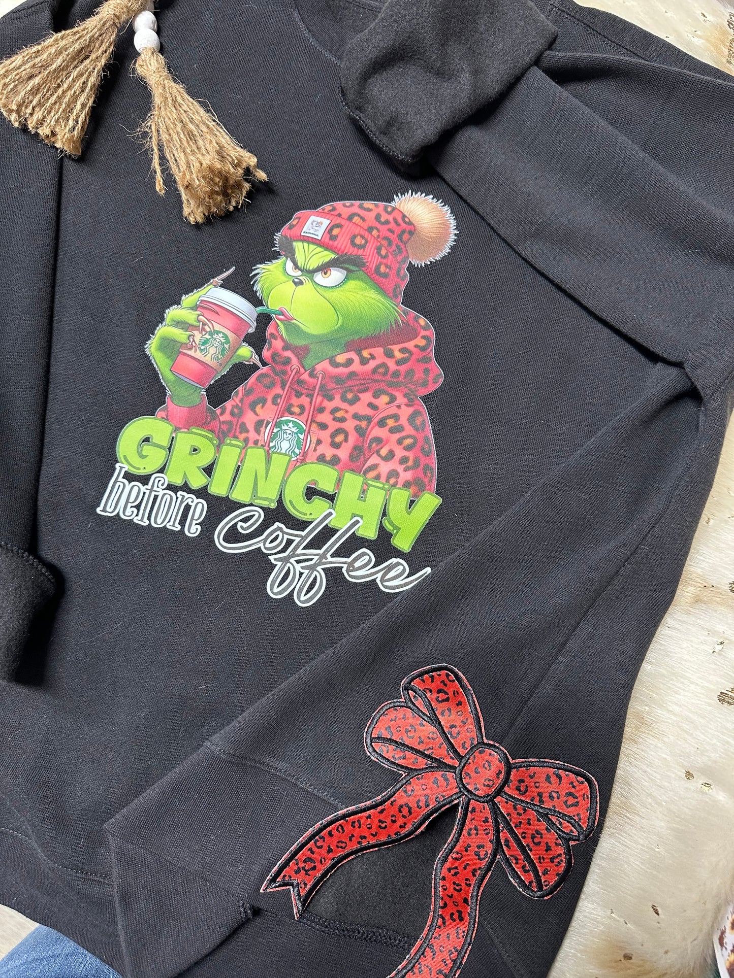 Grinchy without coffee side bow embroidered sweatshirt