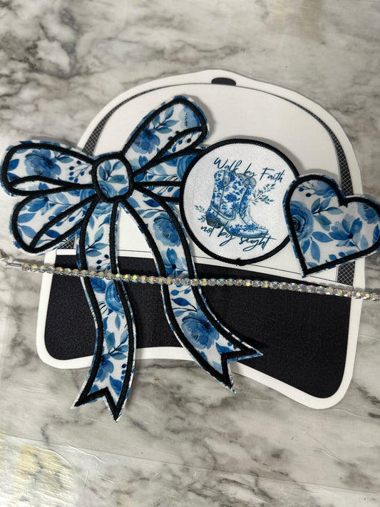 Blue floral pattern bows and filler patches