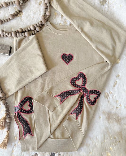 Coquette LV designer inspired side bow embroidered sweatshirt