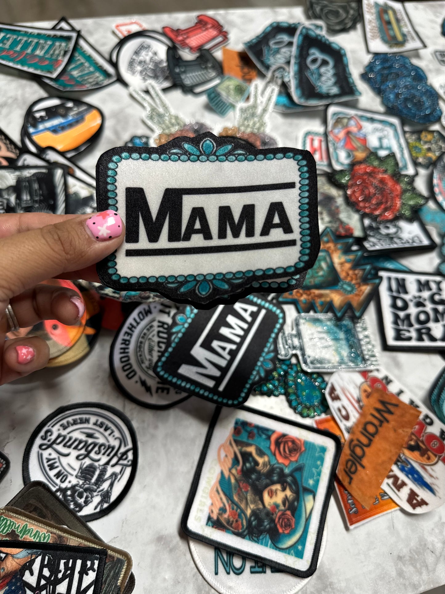 Mama black turquoise framed hat patch