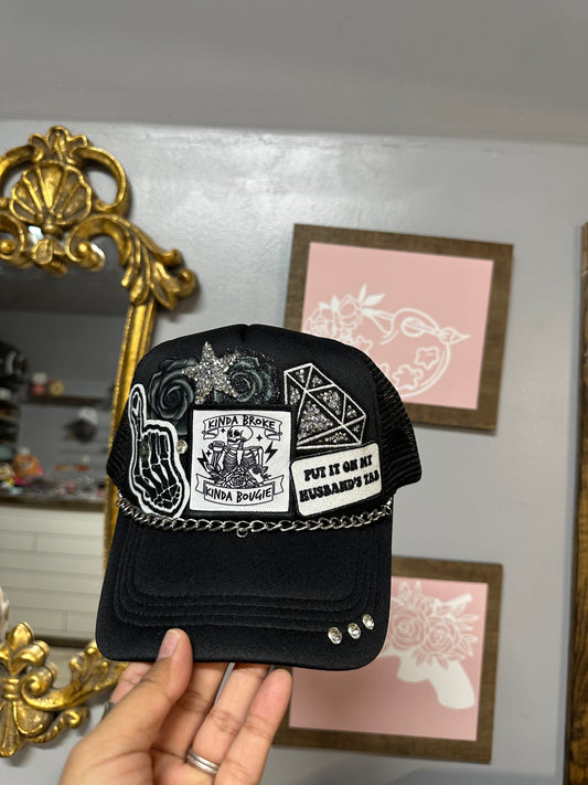 A little Broke a little bougie put it in my husbands tab black Trucker hat