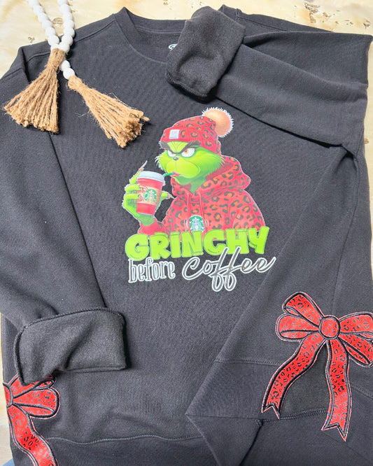 Grinchy without coffee side bow embroidered sweatshirt