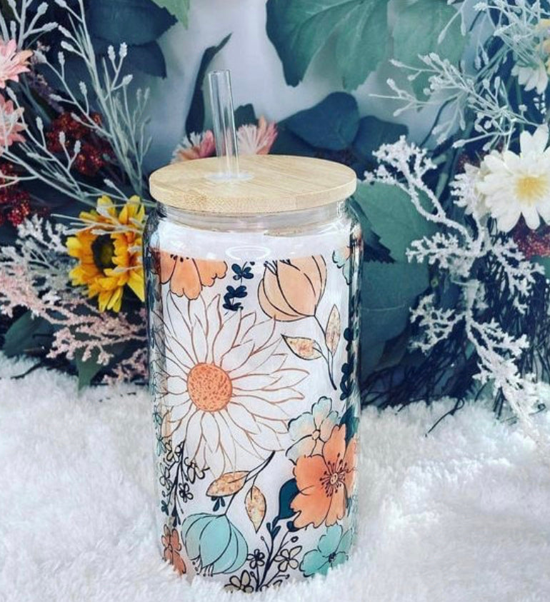Floral iced coffee Libby can. Boho flowers glass Can cup. Glass tumbler