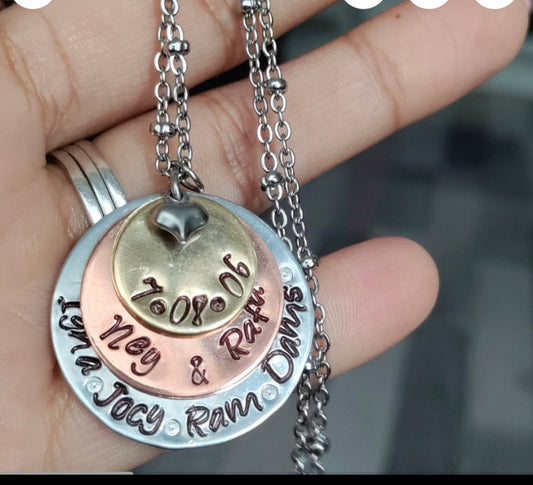 Triple Stacked Disc Necklace, Mixed Metal, Personalized Jewelry, Mother's Day Gift, Children's Names, Family Members Necklace, Hand Stamped