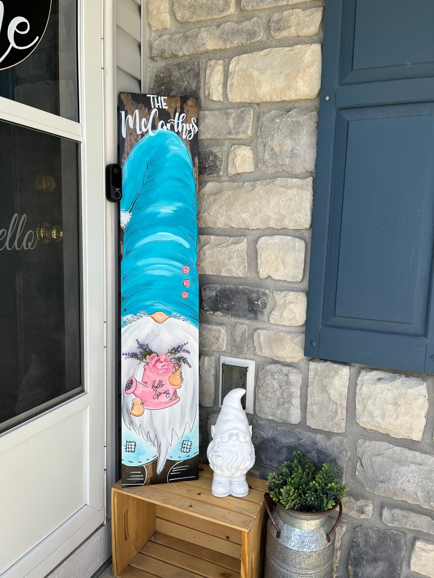 Teal hat Spring peonies Welcome sign garden gnome