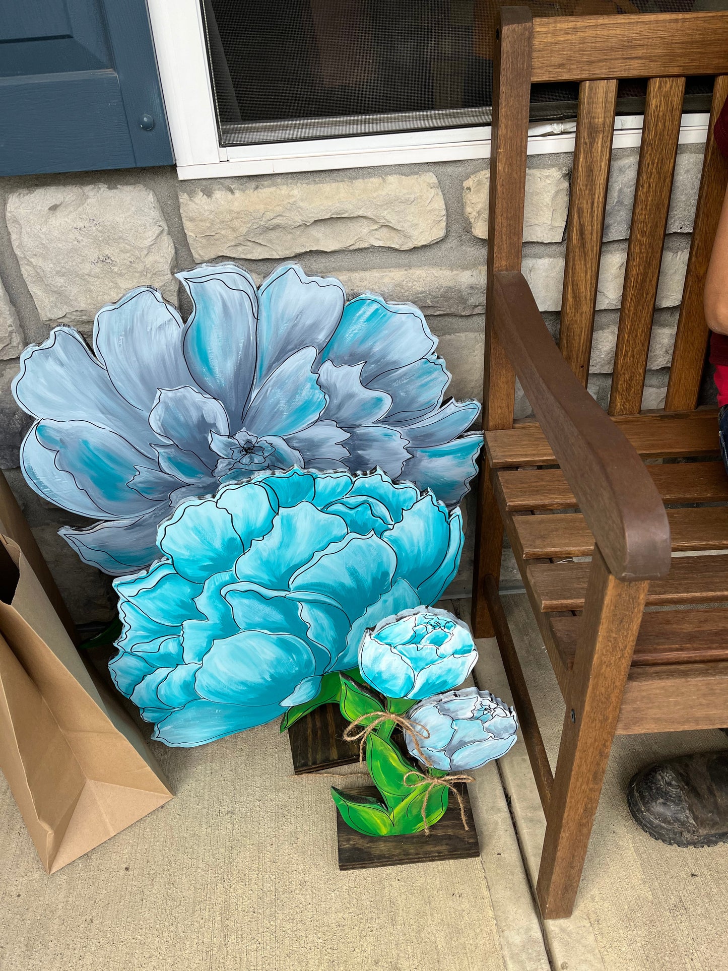 Teal and turquoise peony wood flowers. Spring Summer decor. Wooden Daliah. Garden decor. Porch Daliah decor. Large wood flowers.