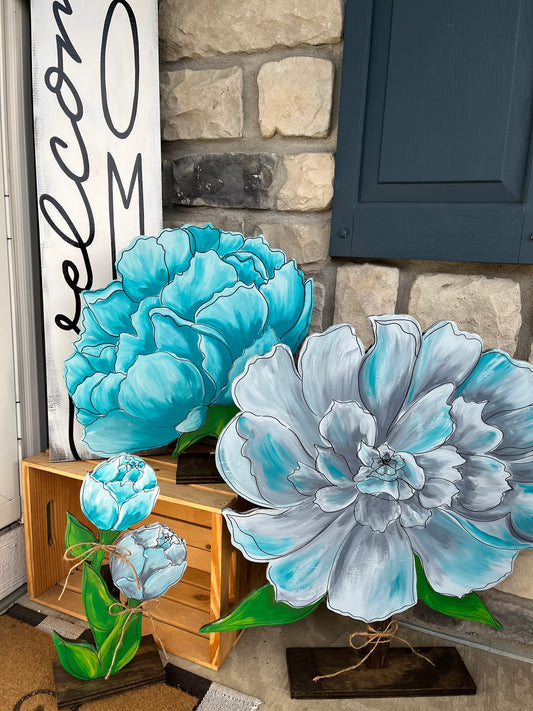 Teal and turquoise peony wood flowers. Spring Summer decor. Wooden Daliah. Garden decor. Porch Daliah decor. Large wood flowers.