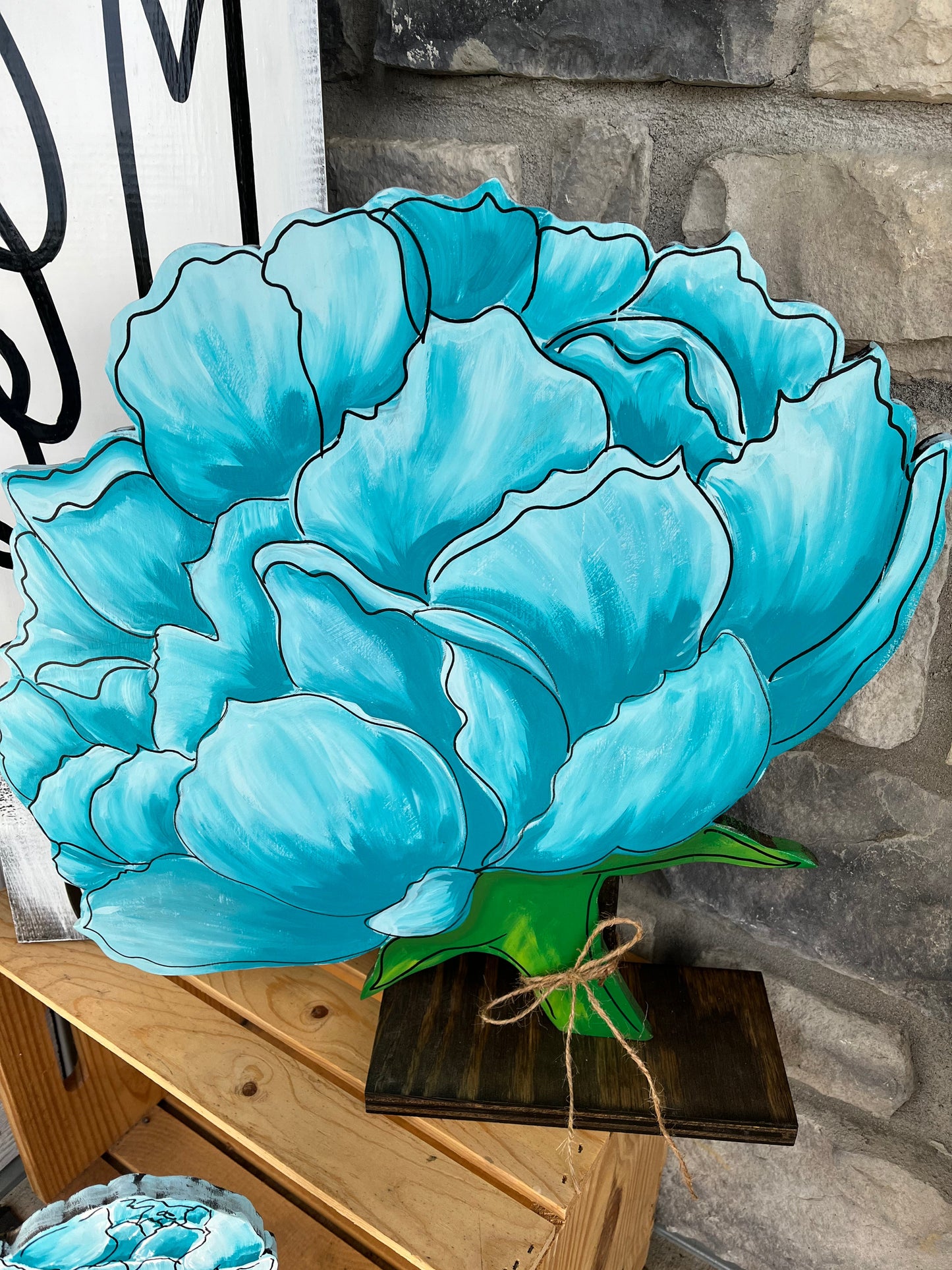 Teal and turquoise peony wood flowers. Spring Summer decor. Wooden Daliah. Garden decor. Porch Daliah decor. Large wood flowers.