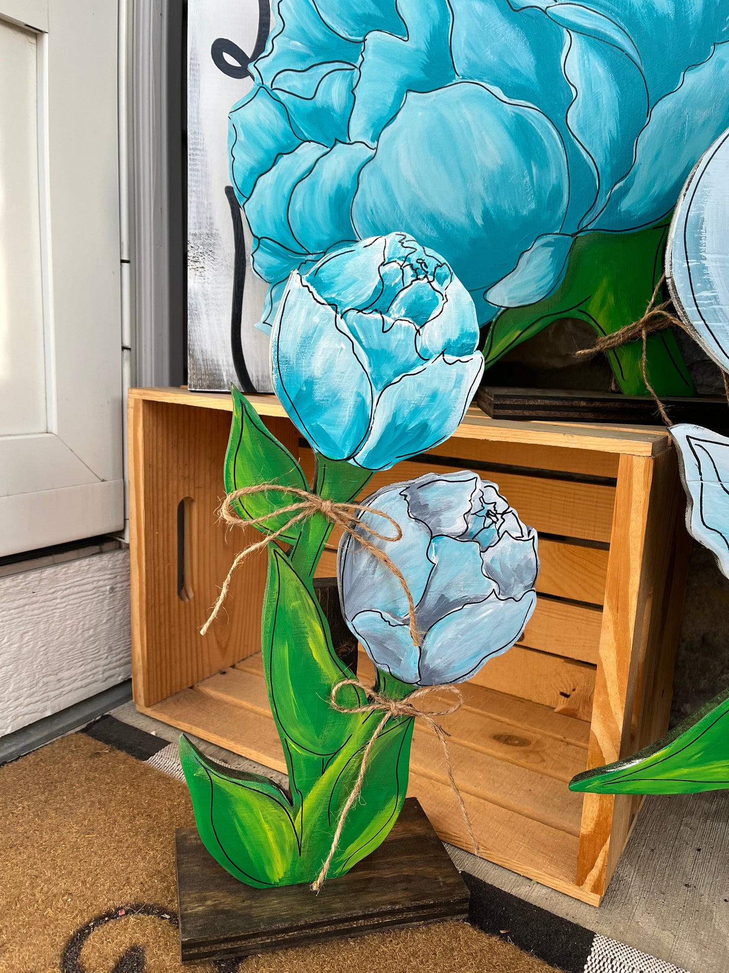 Teal and turquoise peony wood flowers. Spring Summer decor. Wooden Daliah. Garden decor. Porch Daliah decor. Large wood flowers.