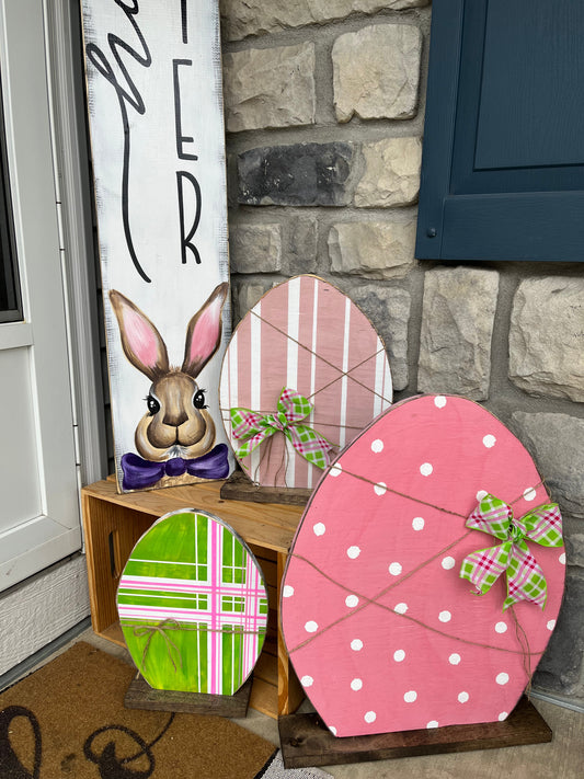 Large pink spring wood Easter Egg buffalo check set, Rustic spring decor, Large Wood art,  pallet eggs, porch holiday , Photo Prop, Easter, Shabby Chic