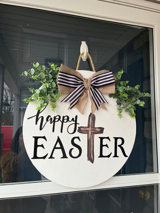 Happy Easter Christian door hanger. Farmhouse door sign wreath