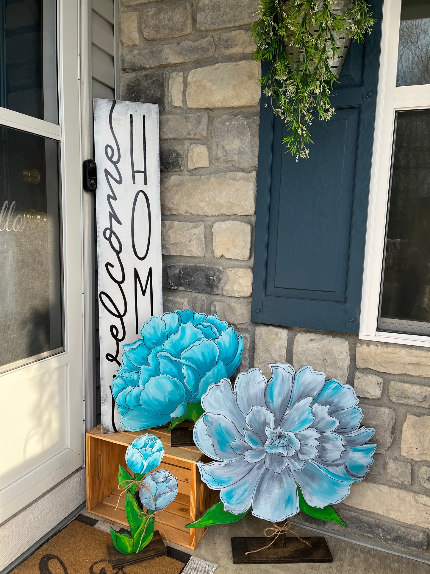 Teal and turquoise peony wood flowers. Spring Summer decor. Wooden Daliah. Garden decor. Porch Daliah decor. Large wood flowers.