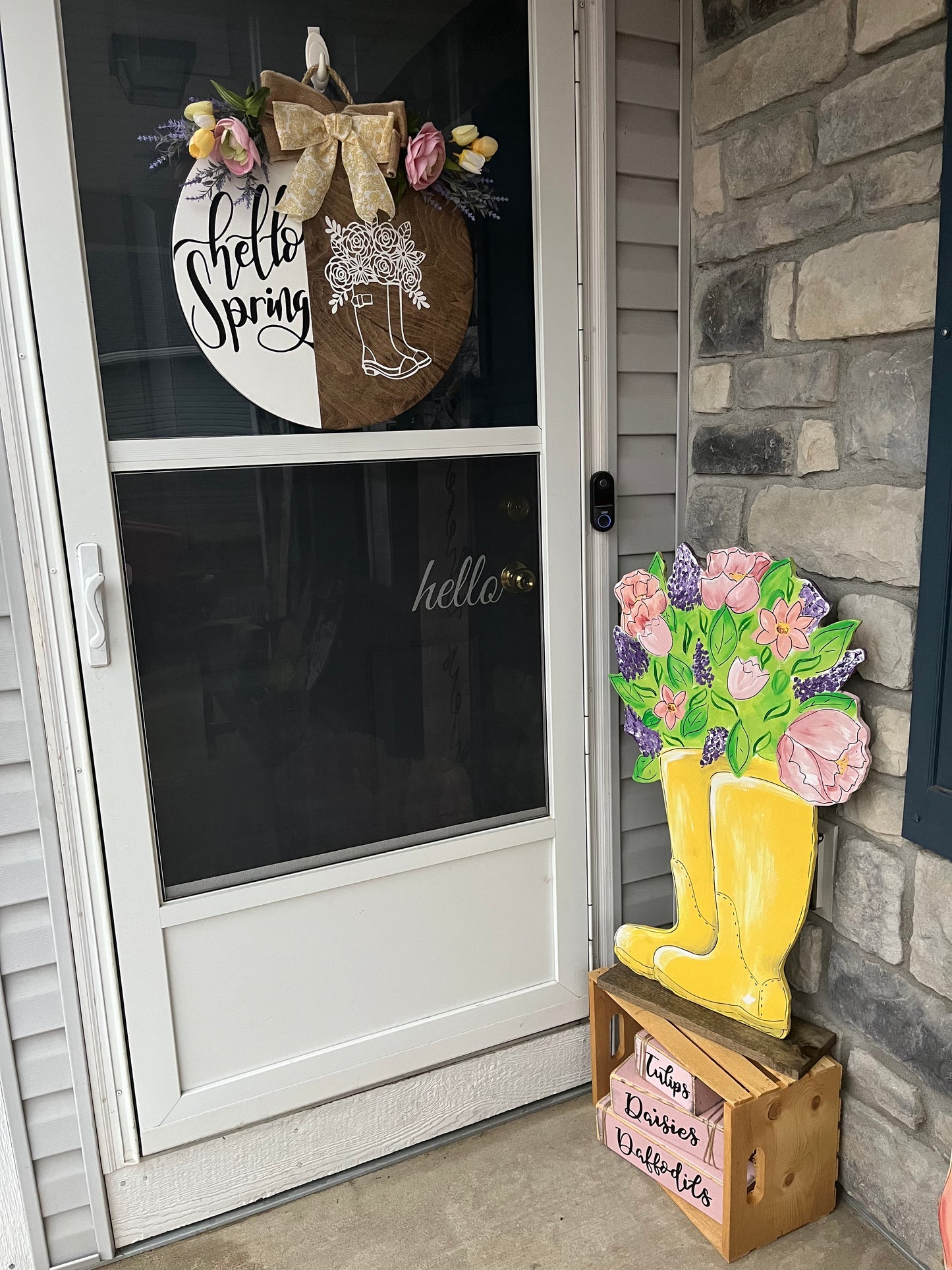 Happy Spring flower rain boot door hanger. Flower door hanger. Floral wood wreath