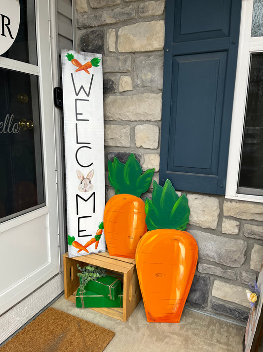 Welcome Easter bunny with carrots welcome sign with a painted bunny
