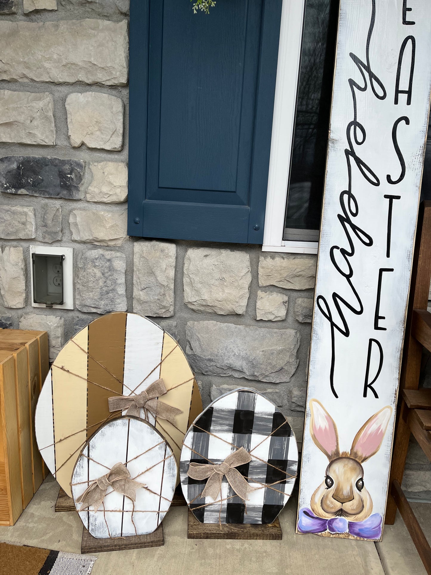 Large wood Neutral plaid Easter Egg set, Rustic spring decor, Large Wood art,  pallet eggs, porch holiday , Photo Prop, Easter, Shabby Chic