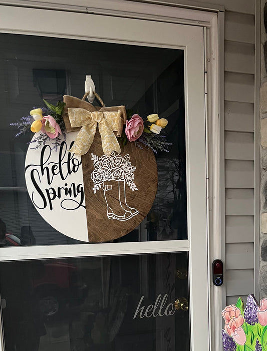 Happy Spring flower rain boot door hanger. Flower door hanger. Floral wood wreath